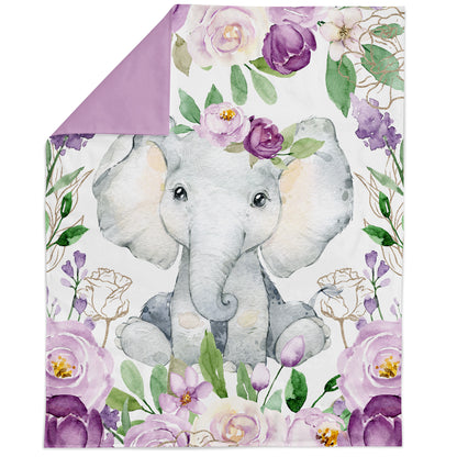 A fabric panel featuring a gray elephant with purple flowers in a floral pattern on a white background.