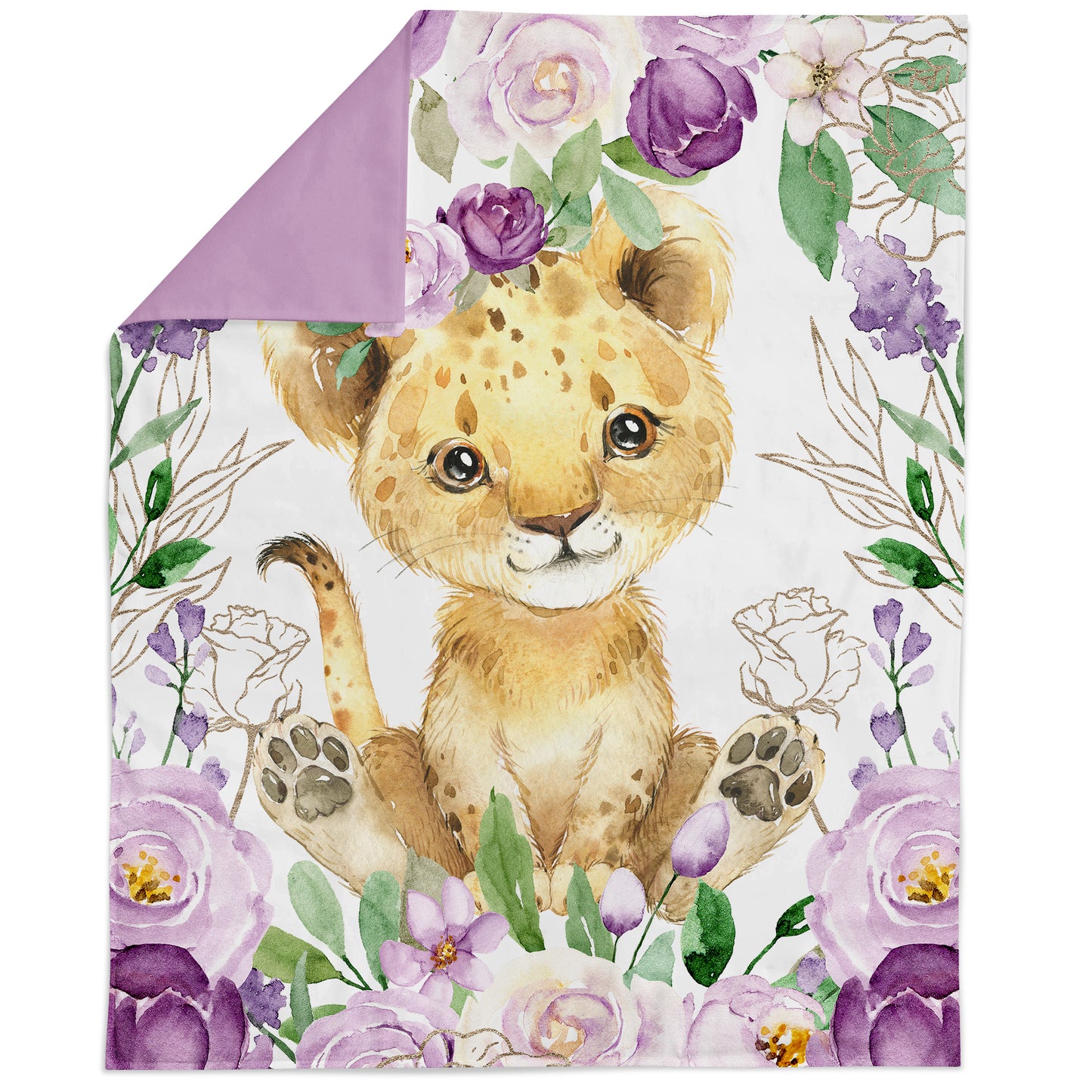 A fabric panel featuring an illustrated lion among purple and pink flowers, designed for quilting and crafting.