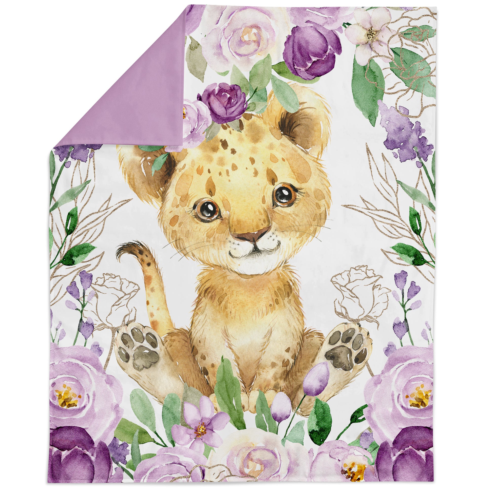 A fabric panel featuring an illustrated lion among purple and pink flowers, designed for quilting and crafting.