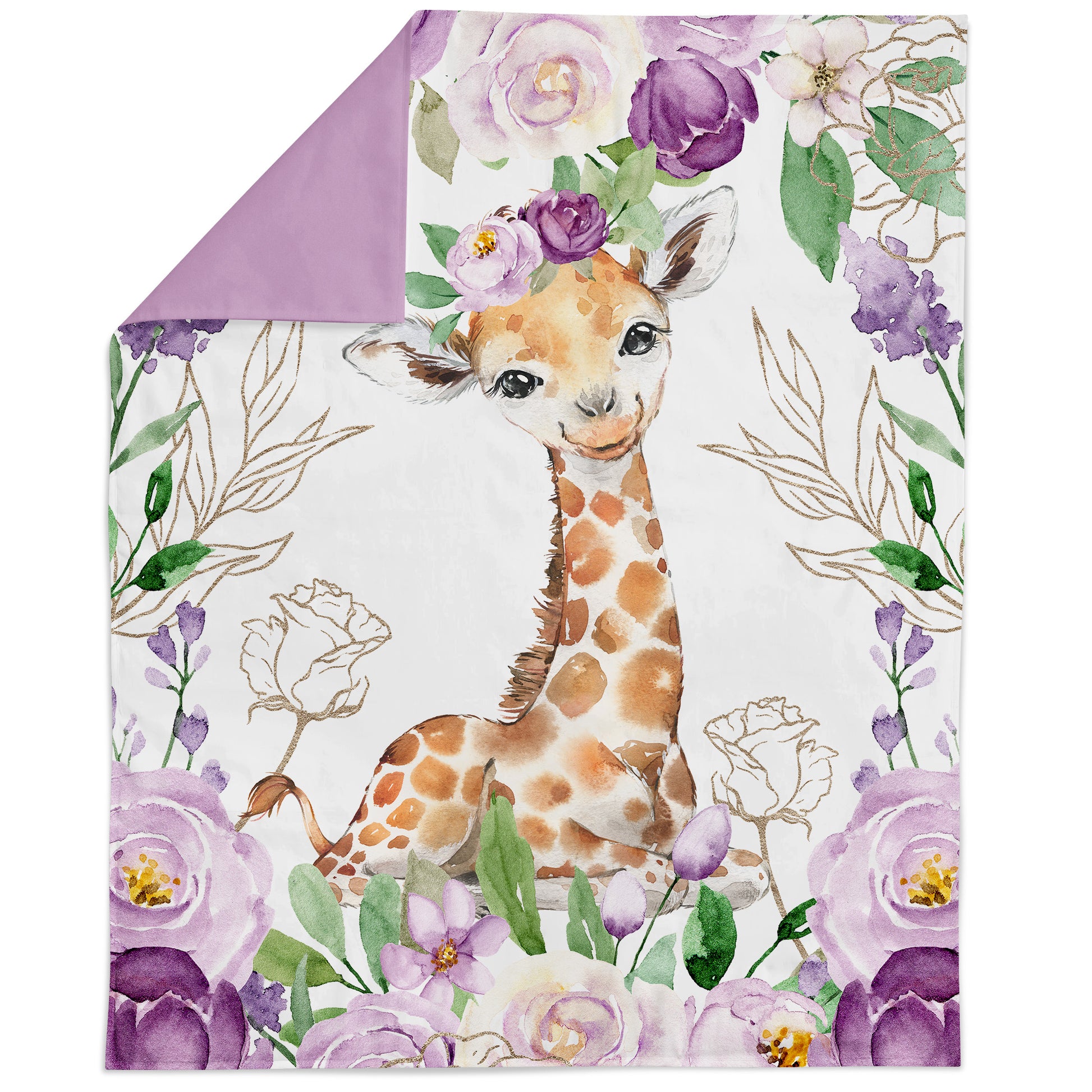 A fabric panel featuring a colorful giraffe amidst purple flowers, part of a quilting material line.