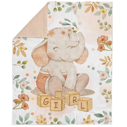 Fabric panel featuring a cute baby elephant with a floral pattern in pink and green tones.