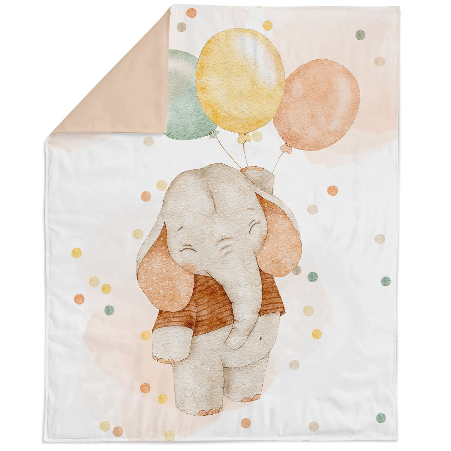 Fabric panel featuring a cute baby elephant with balloons and a party hat in a dotted background.