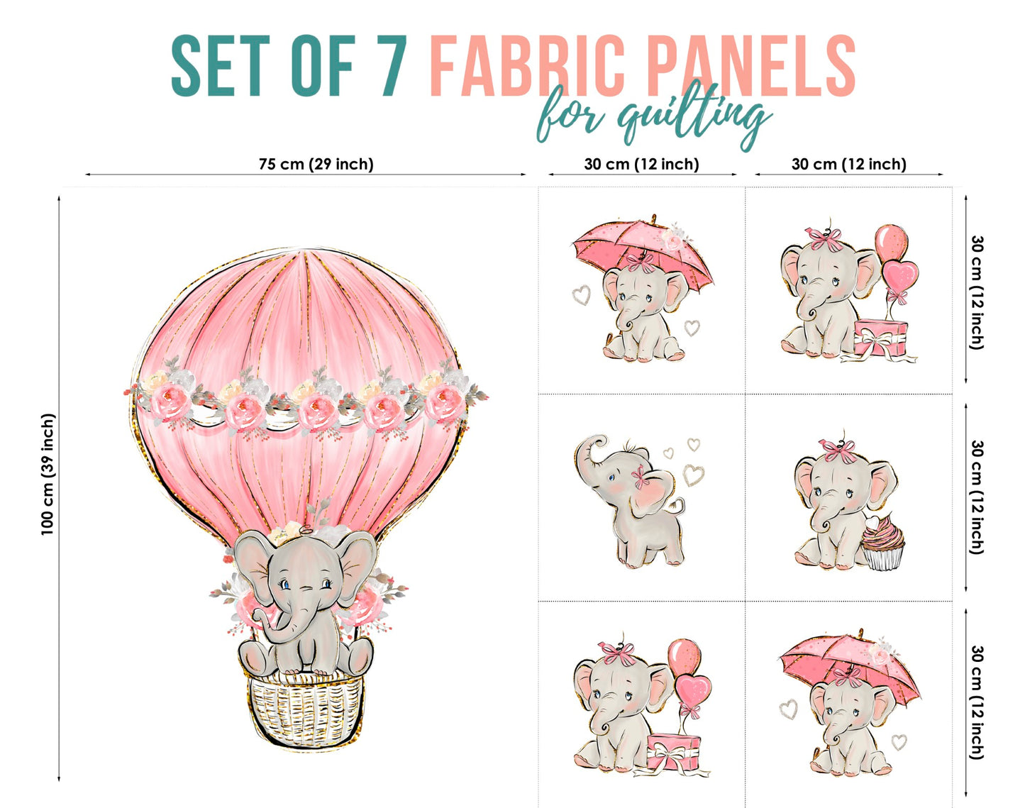 A set of 7 fabric panels featuring illustrated elephants in various poses and a pink umbrella, intended for quilting and craft purposes.