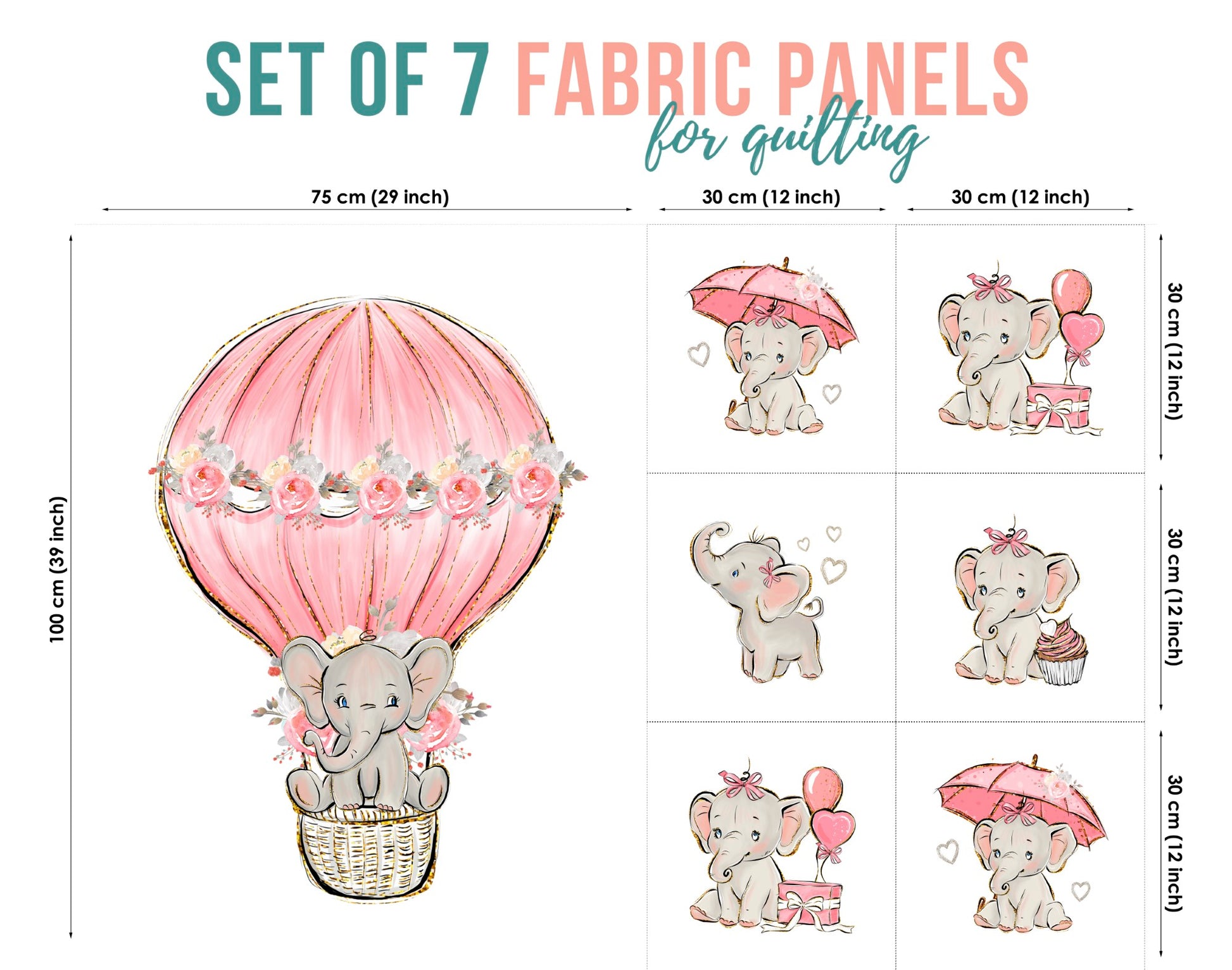 A set of 7 fabric panels featuring illustrated elephants in various poses and a pink umbrella, intended for quilting and craft purposes.