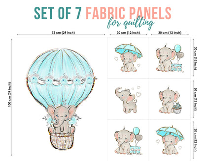 A set of 7 fabric panels featuring illustrated elephants in blue umbrella and hot air balloons, intended for quilting and craft purposes.