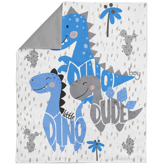 A fabric blanket panel with a blue and gray dinosaurs, in a shape of "dino dude" words print