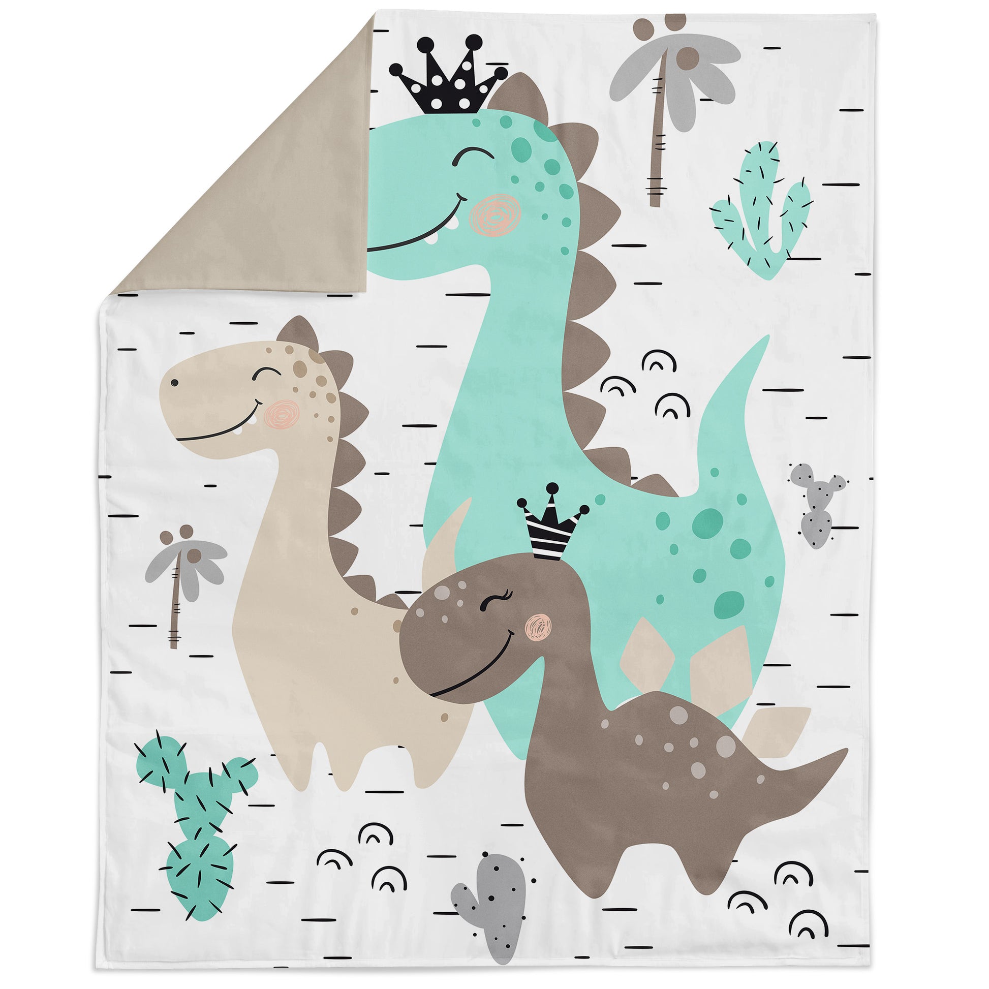 Fabric panel with a quilt design featuring dinosaurs in a forest setting, with a green and brown color palette.