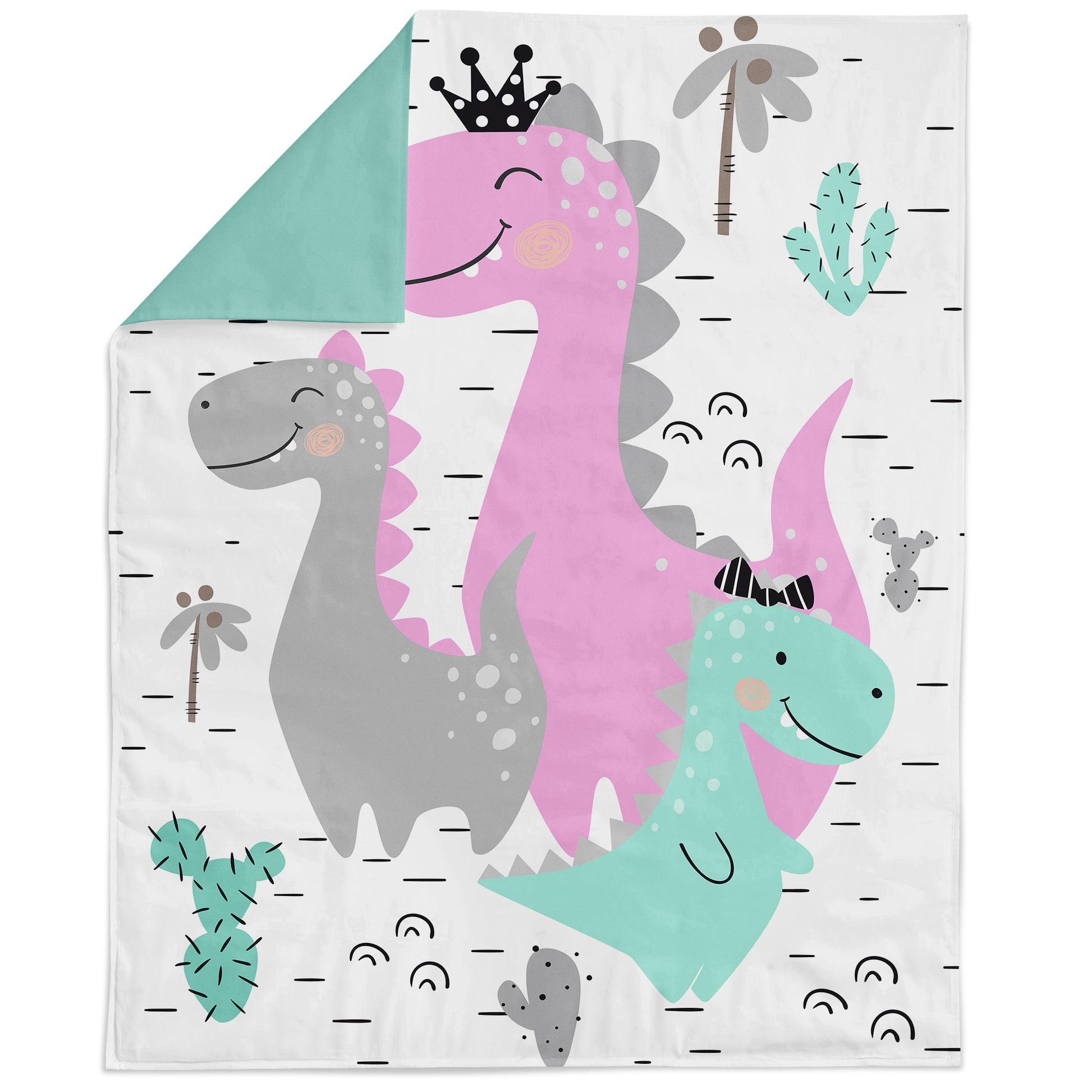 Fabric cotton blanket panel featuring pink, gray and mint smiling dinosaurs