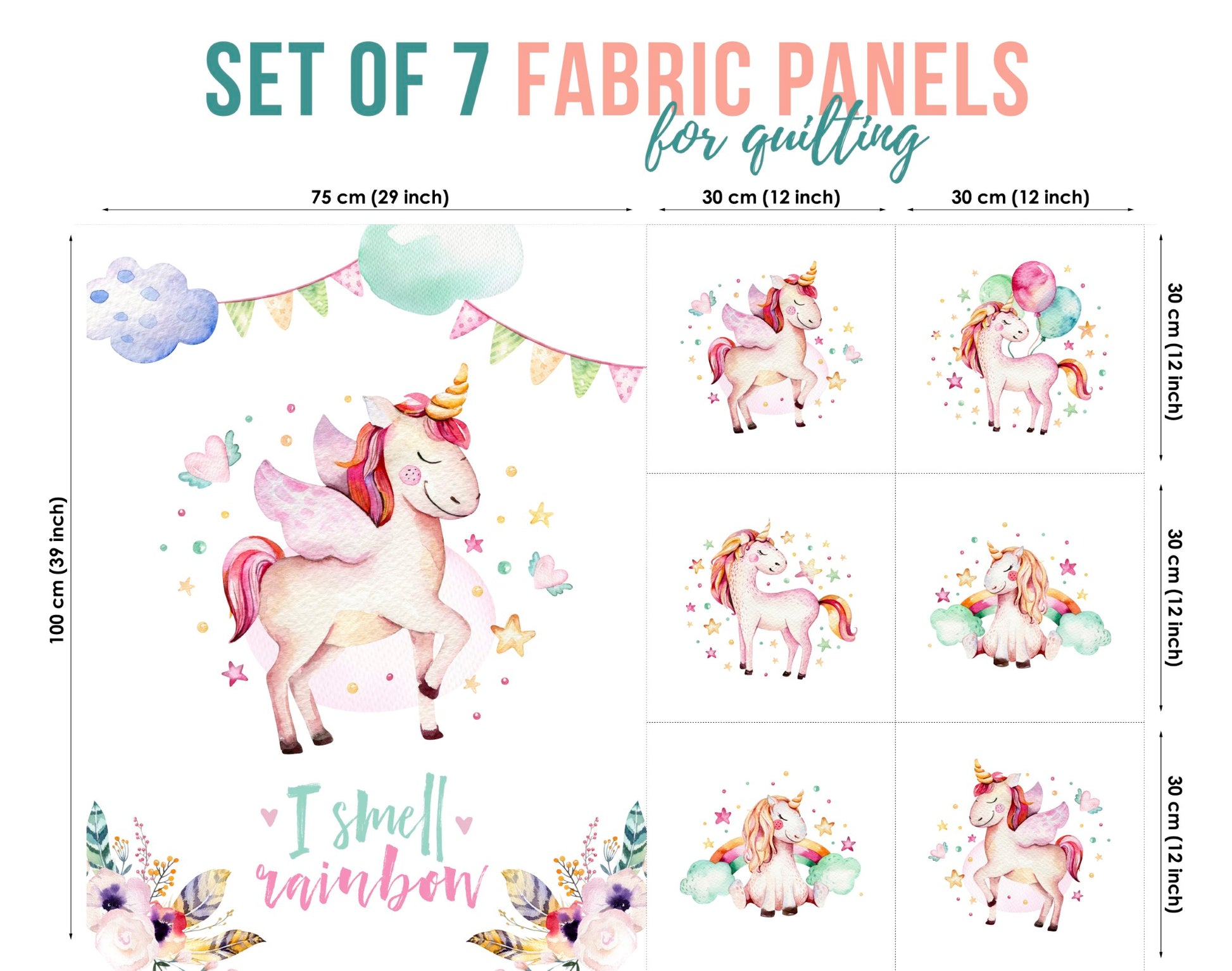 A set of 7 fabric panels featuring a unicorn and balloo, surrounded by colorful stars and flowers, with the text 'I smell a rainbow' at the bottom.