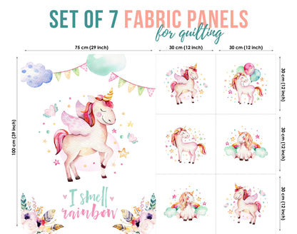 A set of 7 fabric panels featuring a unicorn and balloo, surrounded by colorful stars and flowers, with the text 'I smell a rainbow' at the bottom.