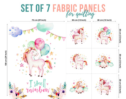 Set of 7 fabric panels featuring colorful unicorn designs on a background with balloons and party decorations, with text indicating the size of the panels.