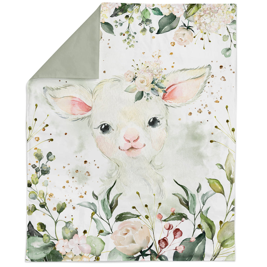 Fabric panel with floral and white lamb design