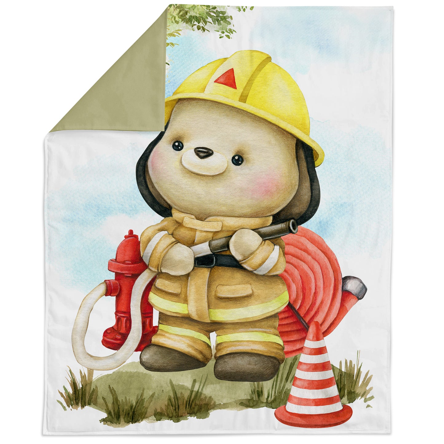 Children's blanket with a cartoon bear firefighter design on a white background
