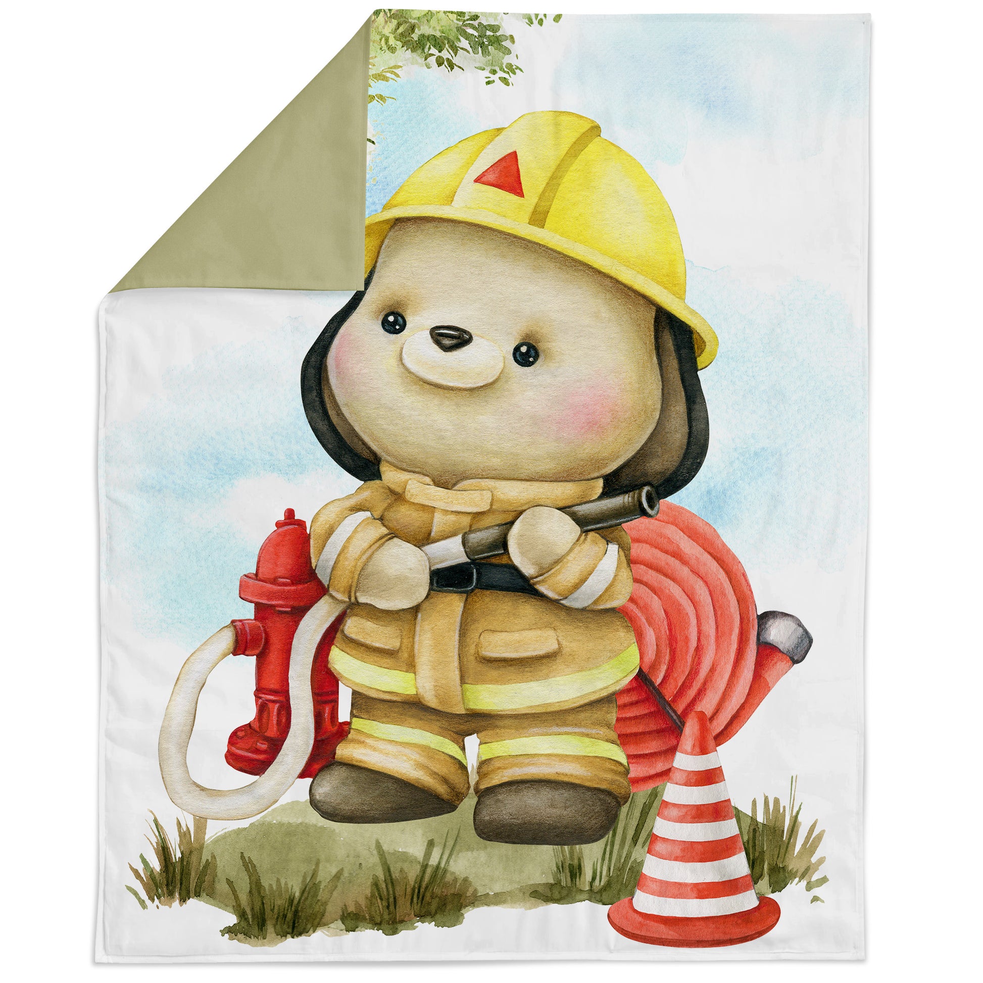 Children's blanket with a cartoon bear firefighter design on a white background