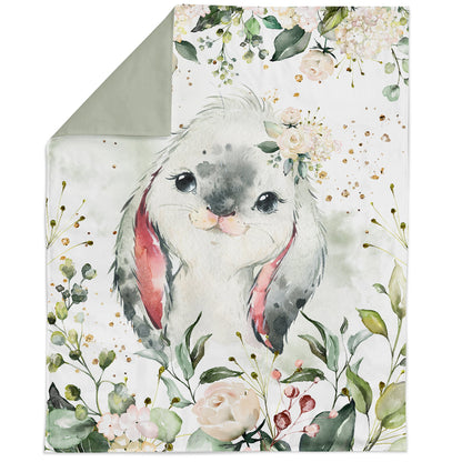Cotton blanket card with a bunny illustration surrounded by flowers and leaves