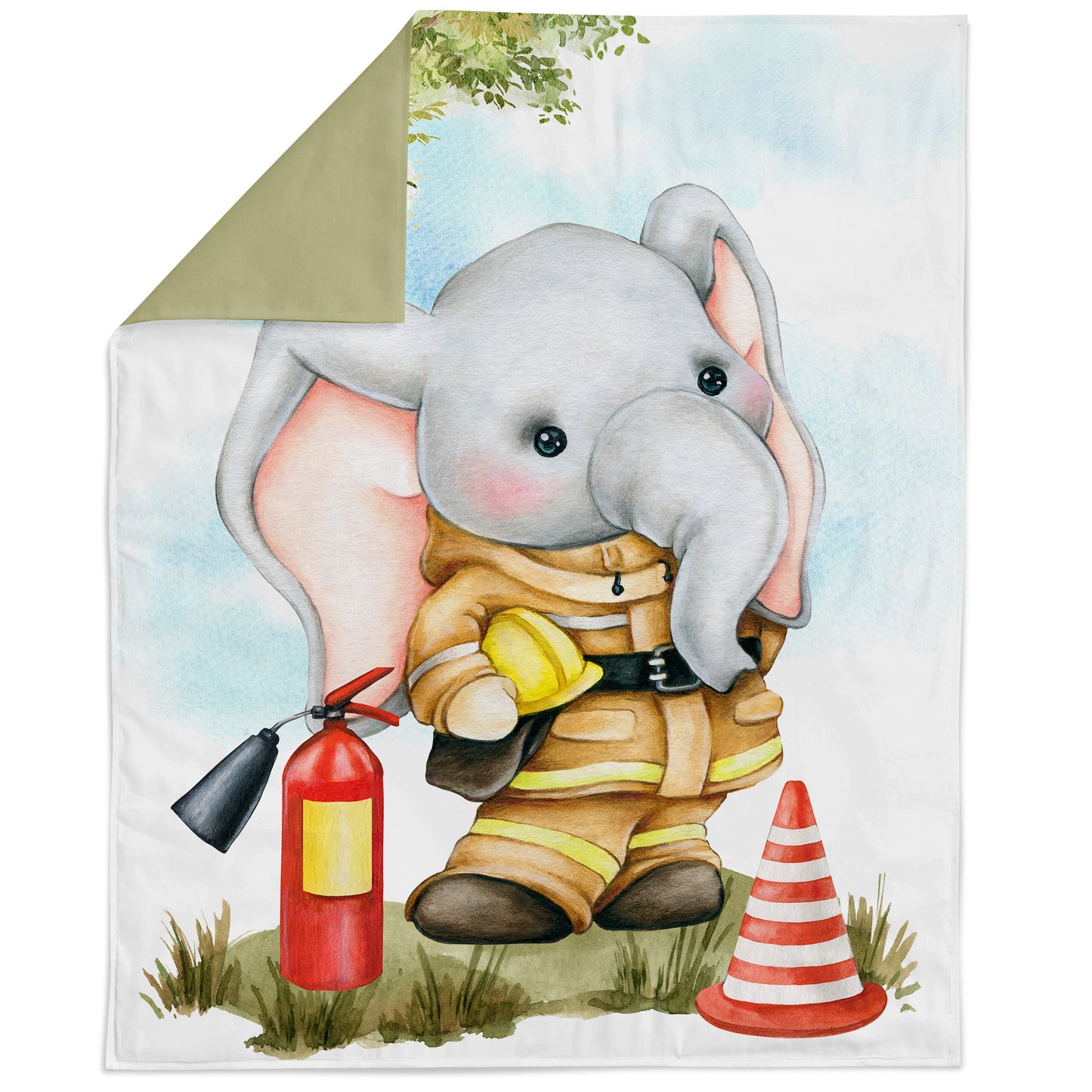 Illustration of an elephant in a firefighter outfit with a fire extinguisher and cone on a white background
