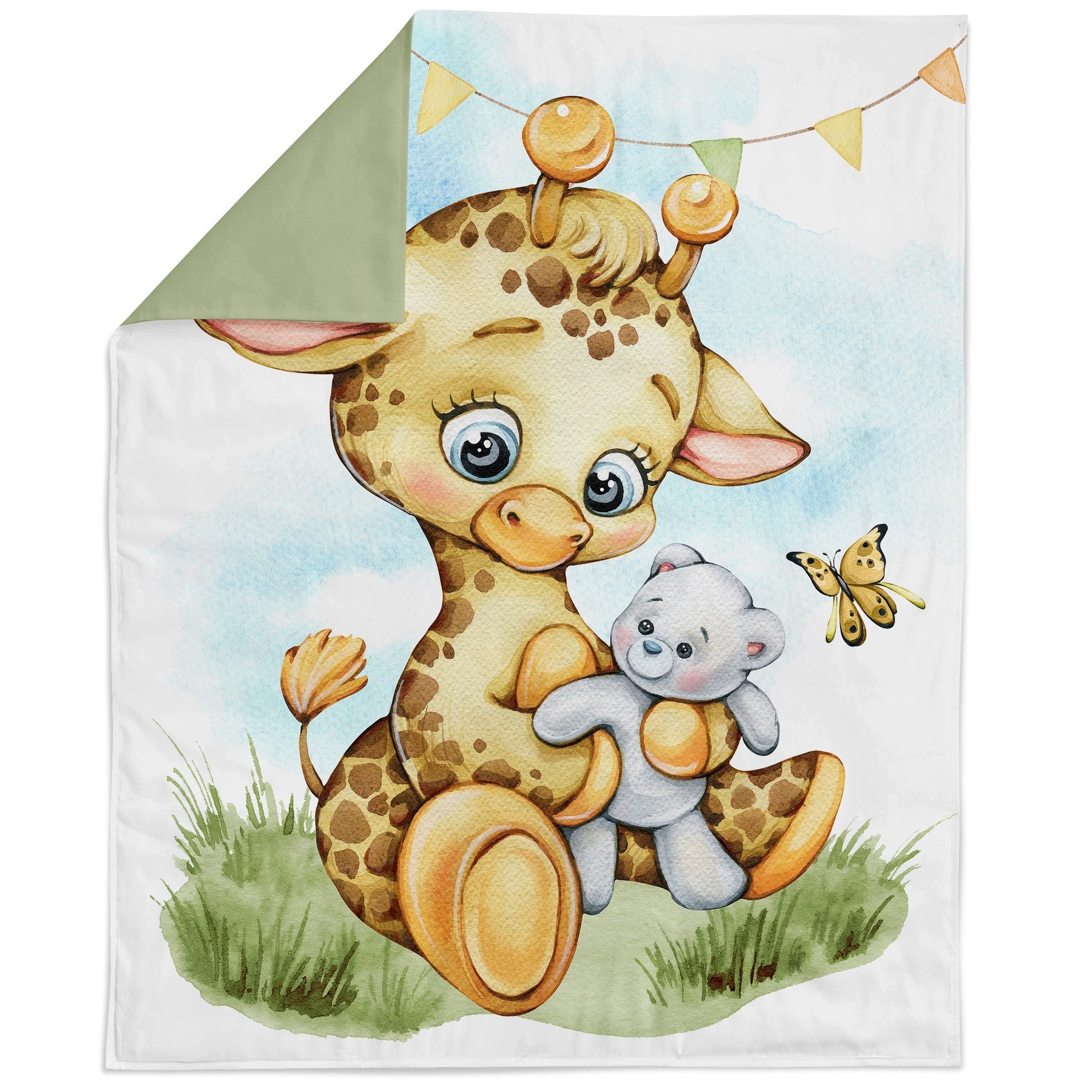 Fabric panel featuring colorful giraffe holding a gray teddy bear, intended for quilting and crafts.