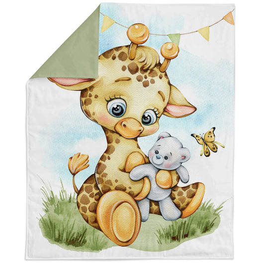 Fabric panel featuring colorful giraffe holding a gray teddy bear, intended for quilting and crafts.