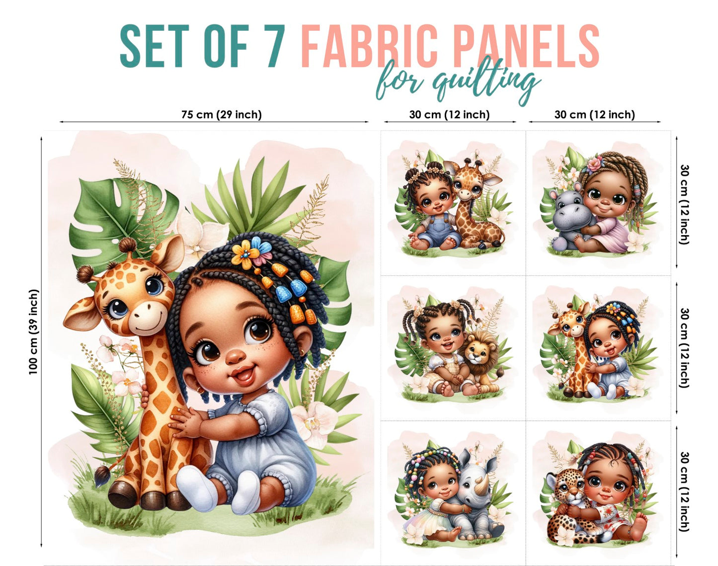 Set of 7 fabric panels for quilting with illustrations of children and animals.