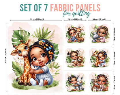 Set of 7 fabric panels for quilting with illustrations of children and animals.