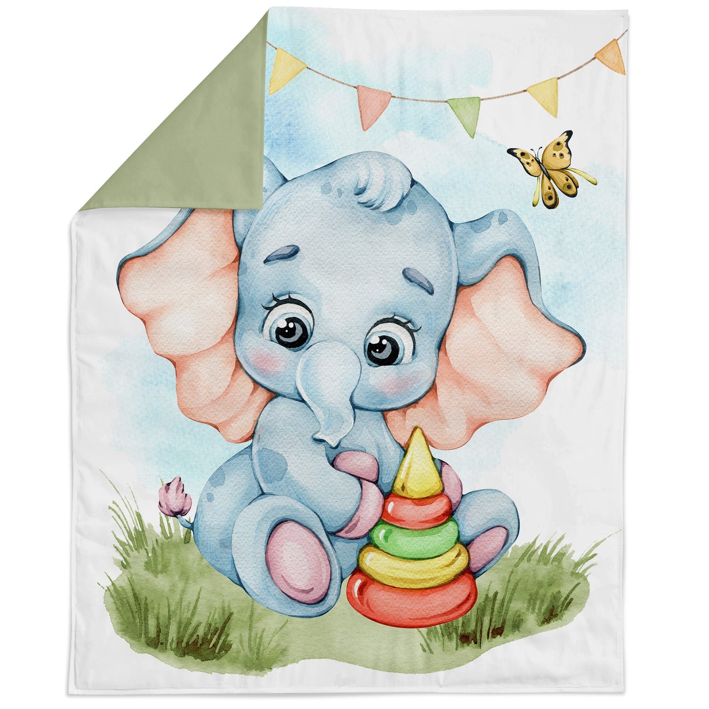 A fabric panel featuring a colorful illustration of a baby elephant with a green and yellow rainbow-colored trunk, sitting on a pile of colorful blocks.