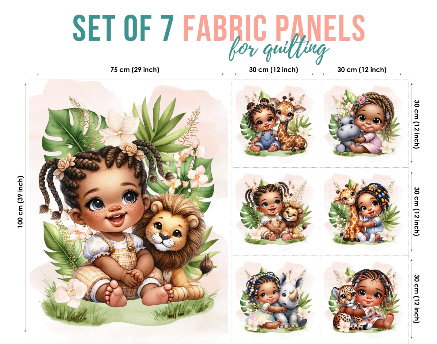 Set of 7 fabric panels for quilting with illustrations of children and animals, including a lion and a bear.
