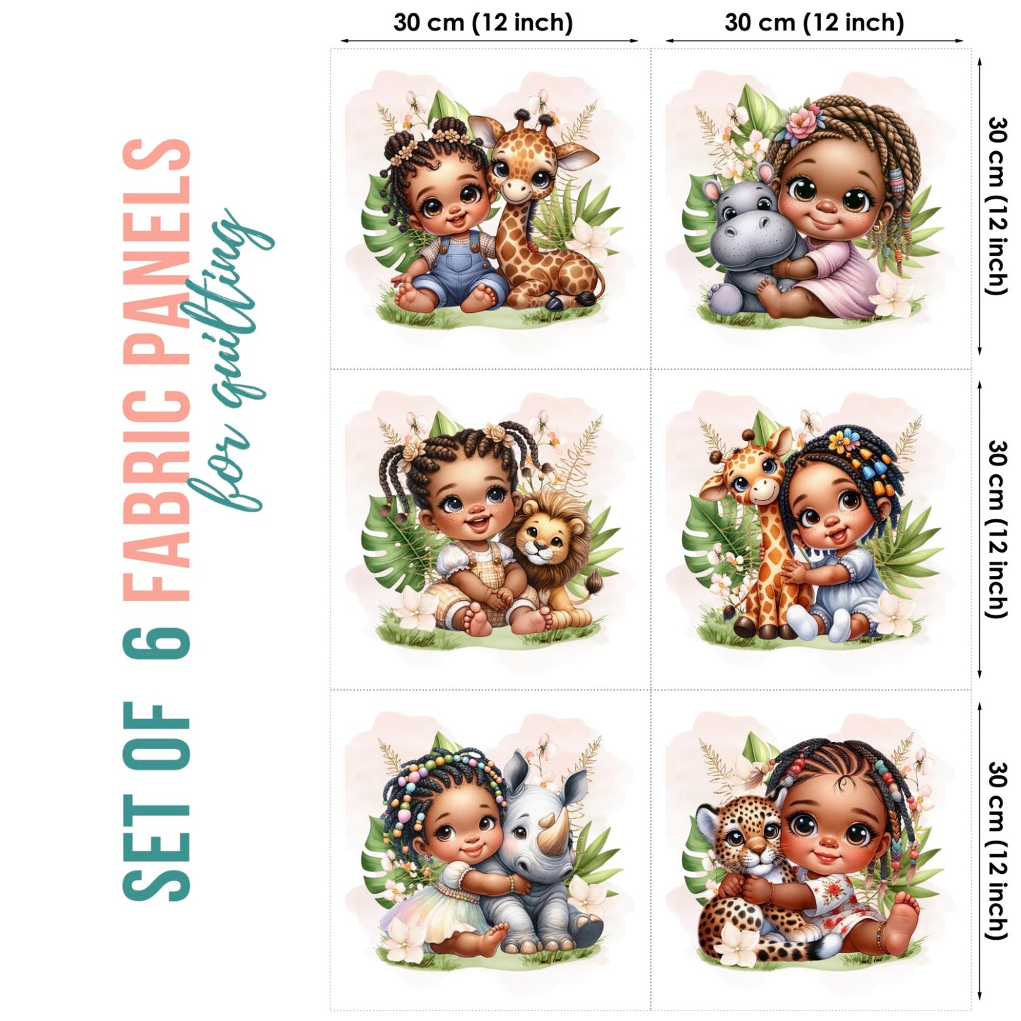 Set of 6 fabric panels with baby characters and animals, each 30 cm x 30 cm.