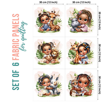 Set of 6 fabric panels with baby characters and animals, each 30 cm x 30 cm.