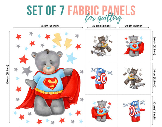 Set of 7 fabric panels featuring bears in a superhero costume like Superman and Captain America,  as the central character. Various sizes from 30x30cm to 75x100cm.