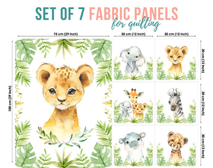 A set of seven fabric panels featuring watercolor-style animal illustrations, labeled as 'Jungle Safari' for quilting or crafting purposes.