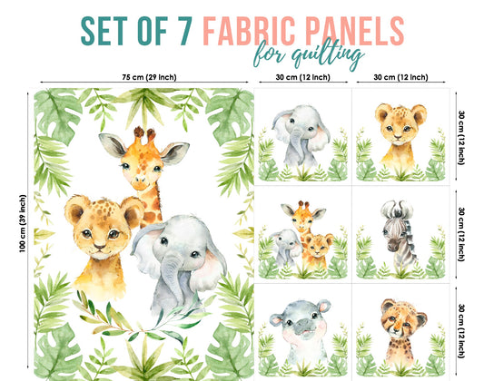 Set of 7 fabric panels featuring illustrations of a giraffe, lion, and elephant surrounded by green foliage, on a white background.