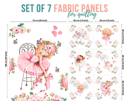 A set of 7 fabric panels with a ballet theme, featuring various designs with ballerinas and floral patterns.