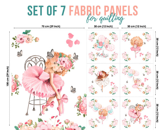 A set of 7 fabric panels with a ballet theme, featuring various designs with ballerinas and floral patterns.