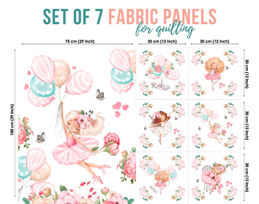 A set of 7 fabric panels with a ballet theme, featuring a blond ballerina in a pink tutu and ballet shoes, flying on the balloons