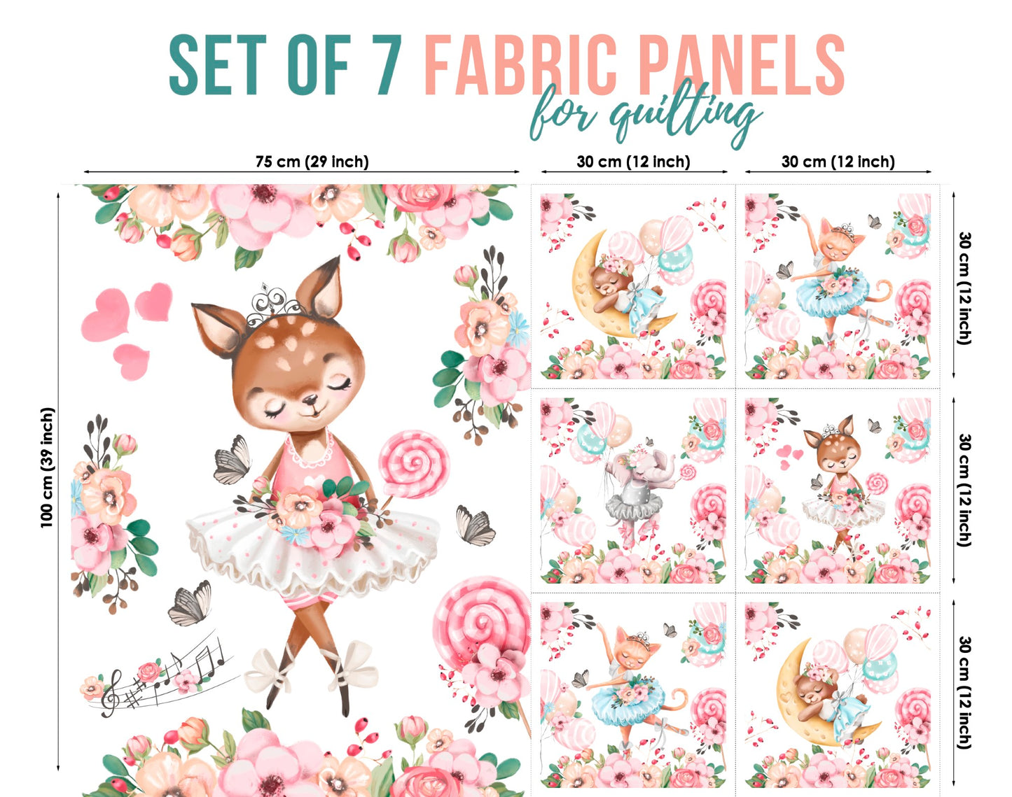 A set of 7 fabric panels with a ballet theme, featuring a cartoonish deer in a pink tutu and ballet shoes, surrounded by various flowers and a moon.
