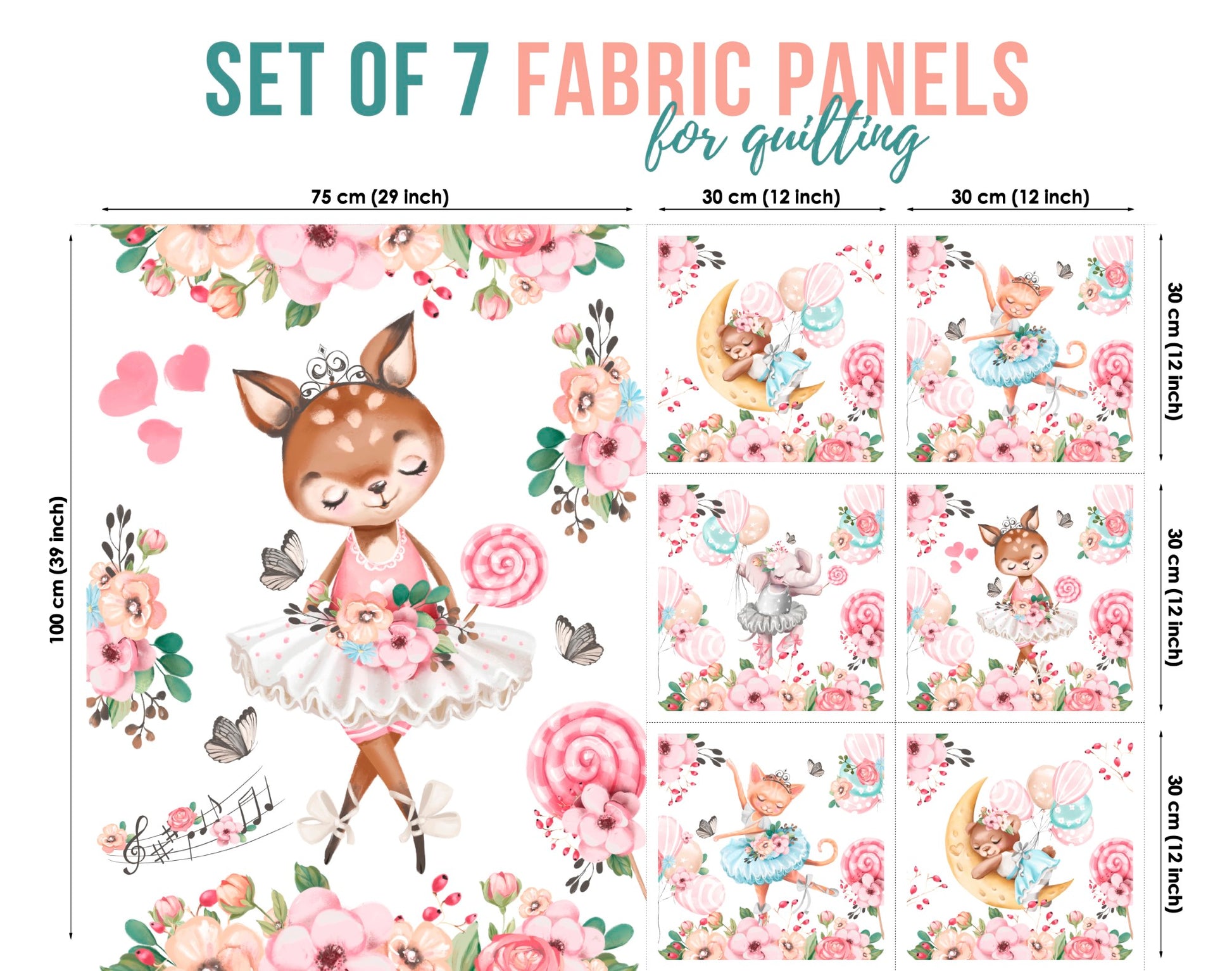 A set of 7 fabric panels with a ballet theme, featuring a cartoonish deer in a pink tutu and ballet shoes, surrounded by various flowers and a moon.