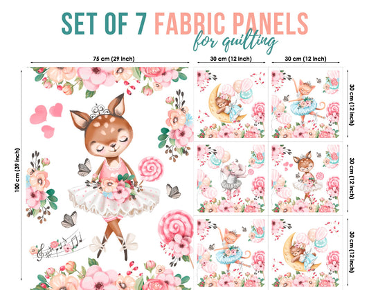 A set of 7 fabric panels with a ballet theme, featuring a cartoonish deer in a pink tutu and ballet shoes, surrounded by various flowers and a moon.