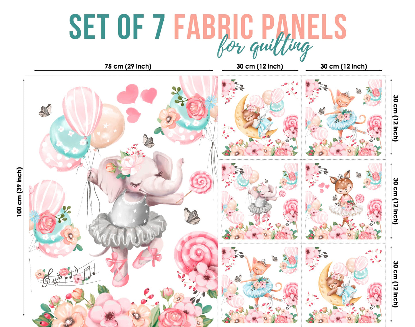 A set of 7 fabric panels with a ballet theme, featuring a cartoonish elephant in a gray tutu and ballet shoes, surrounded by various flowers.