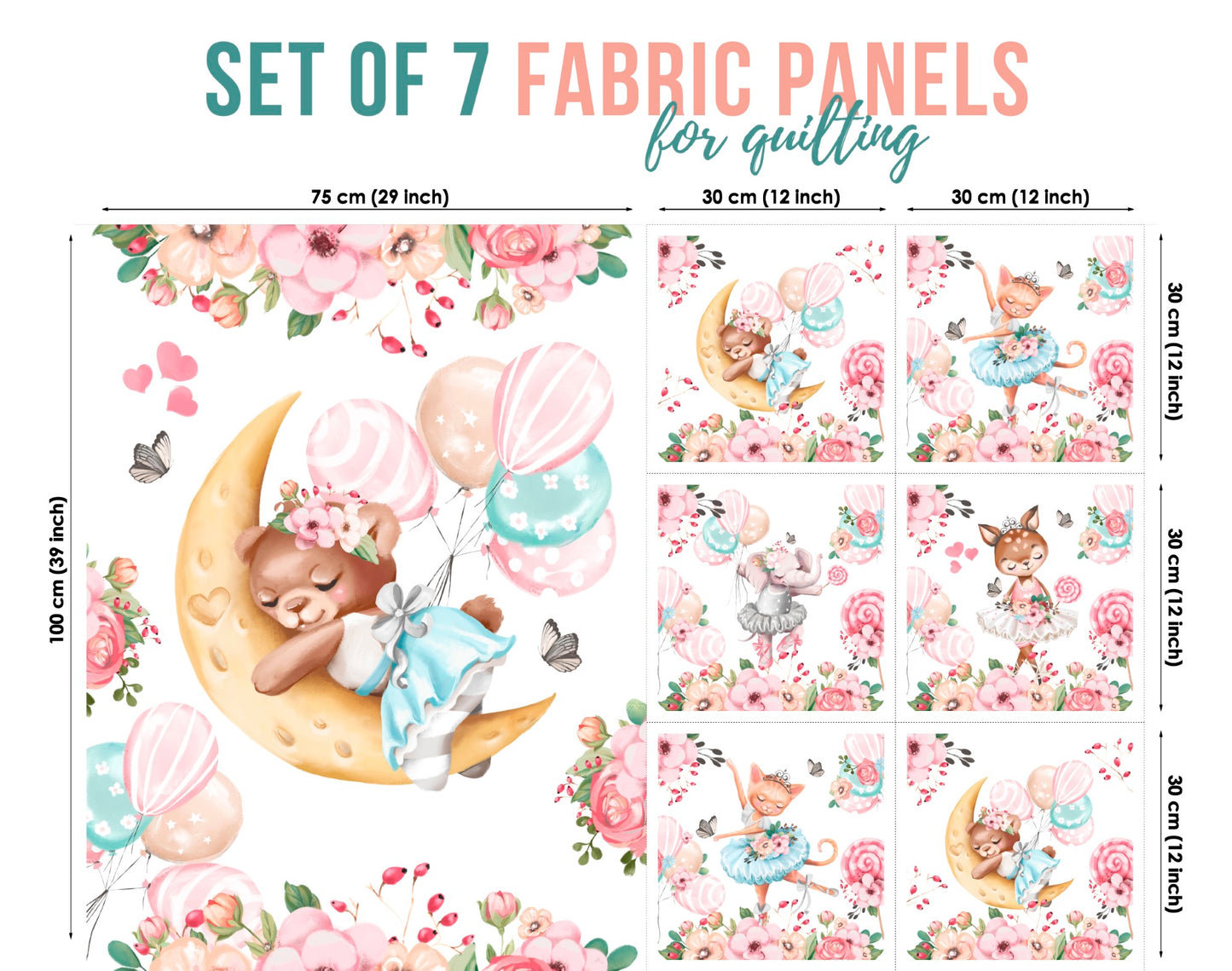 A collection of 7 fabric panels with a ballet theme, featuring illustrations of a ballet dancer, a moon, and floral patterns in pastel colors.