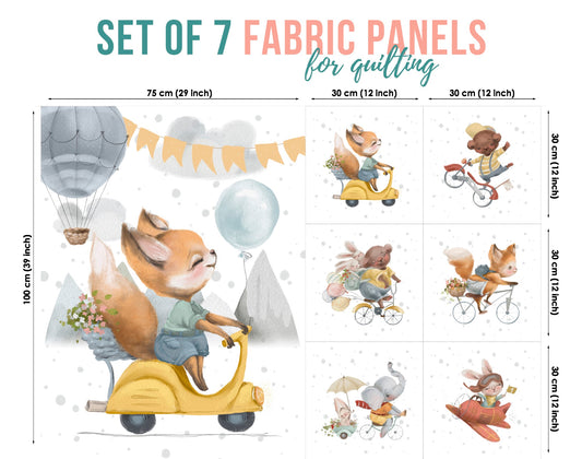 A set of seven fabric panels featuring colorful illustrations of various cartoon animals in different adventure scenarios, such as hot air ballooning and cycling.