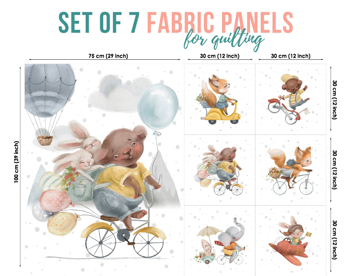 A set of 7 fabric panels featuring various animal characters in adventure-themed settings, such as a bear with bunnies on a cycle 