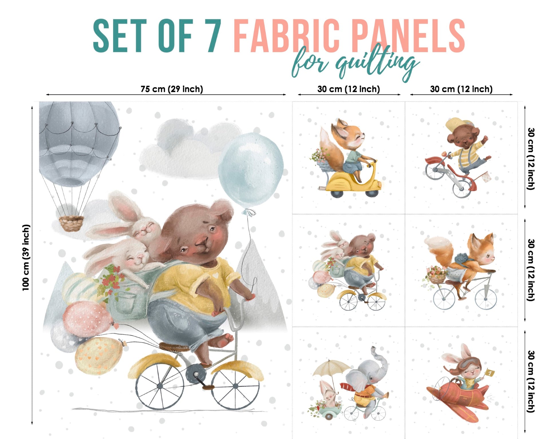A set of 7 fabric panels featuring various animal characters in adventure-themed settings, such as a bear with bunnies on a cycle 