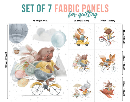 A set of 7 fabric panels featuring various animal characters in adventure-themed settings, such as a bear with bunnies on a cycle 