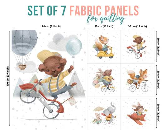 A set of seven fabric panels featuring illustrated characters in various whimsical situations, such as riding bicycles and balloons, and in snowy environments.