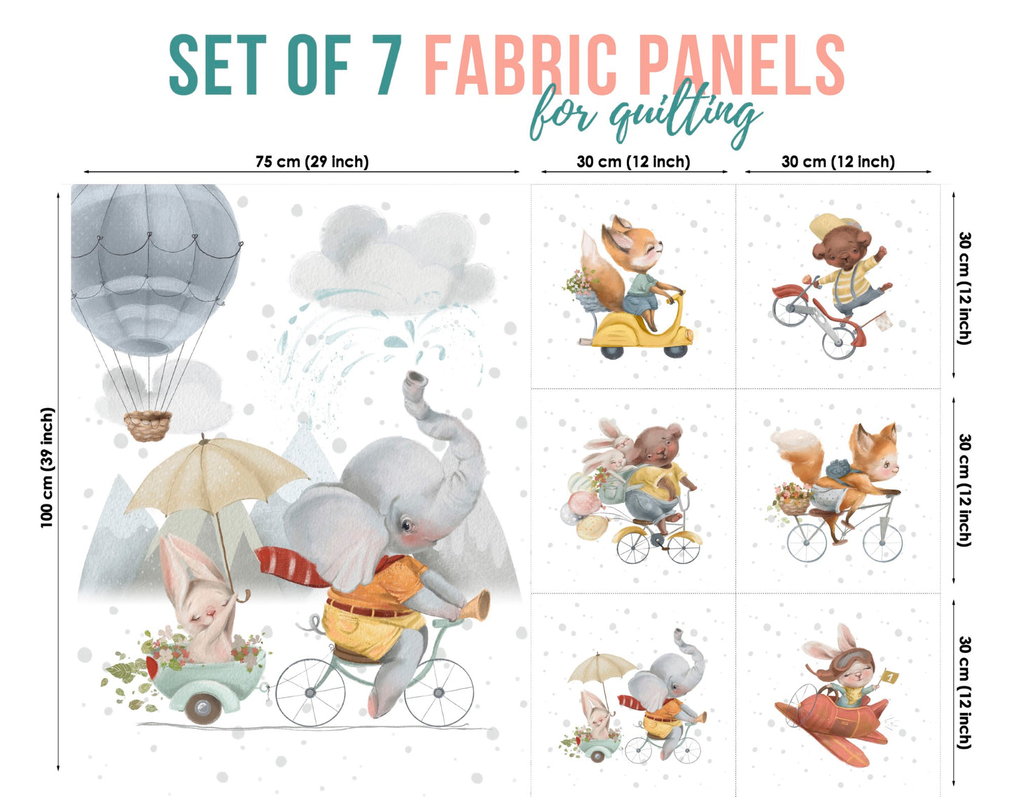A set of seven fabric panels featuring various cartoon animal characters in different settings, such as balloons and with vehicles, indicating a whimsical or fantasy theme.
