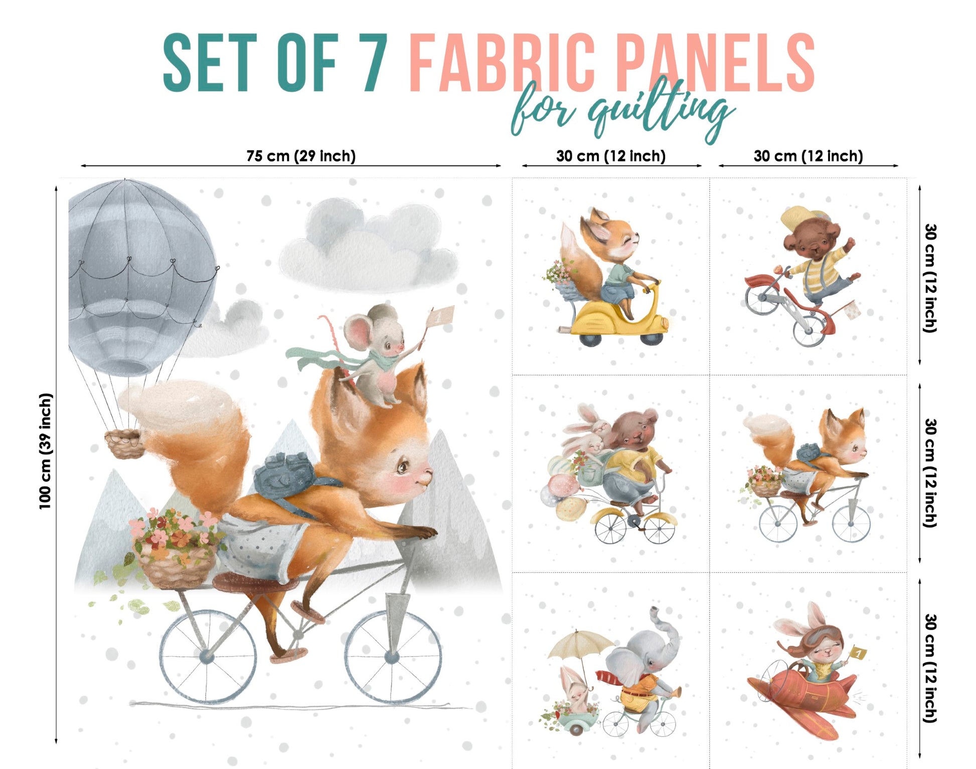 A set of 7 fabric panels featuring various animal characters in adventure-themed settings, such as a fox with mouse on a bike