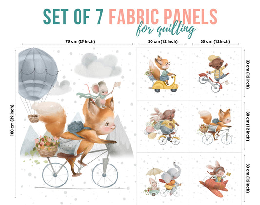 A set of 7 fabric panels featuring various animal characters in adventure-themed settings, such as a fox with mouse on a bike