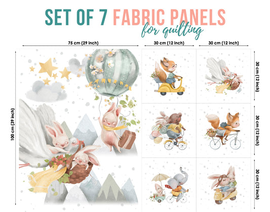 A set of seven fabric panels featuring various whimsical animal characters in adventure-themed settings, such as a squirrel riding a unicycle and a rabbit holding a balloon.