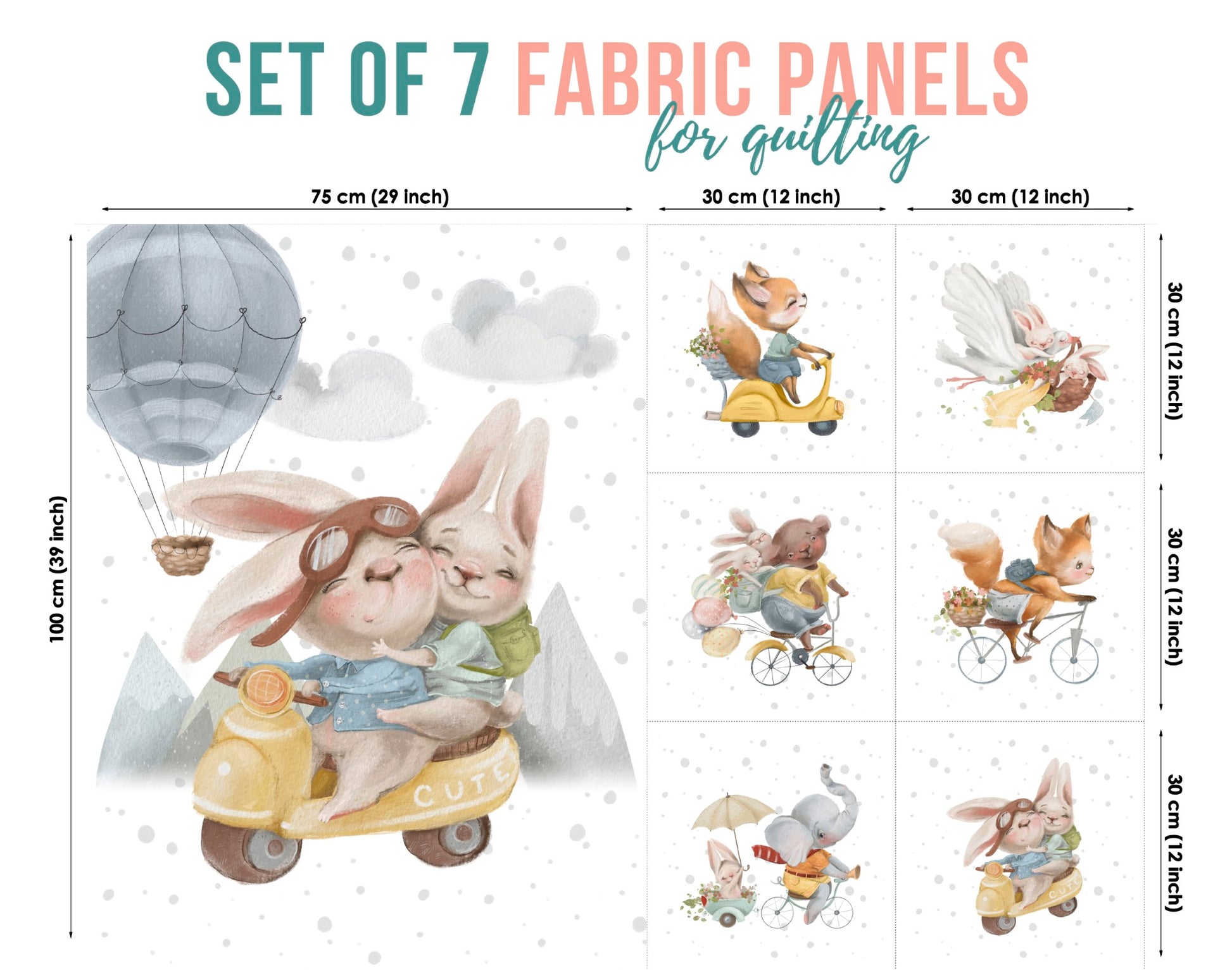 A set of 7 fabric panels featuring various animal characters in adventure-themed settings, such as a rabbits riding a scooter