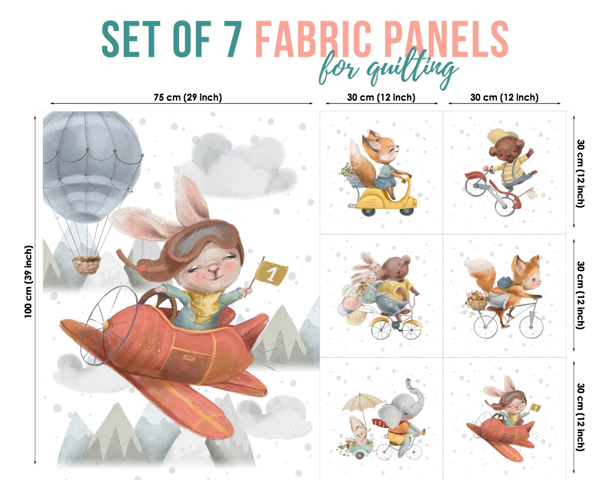 A set of 7 fabric panels featuring various animal characters in adventure-themed settings, such as a bunny flying on the plane